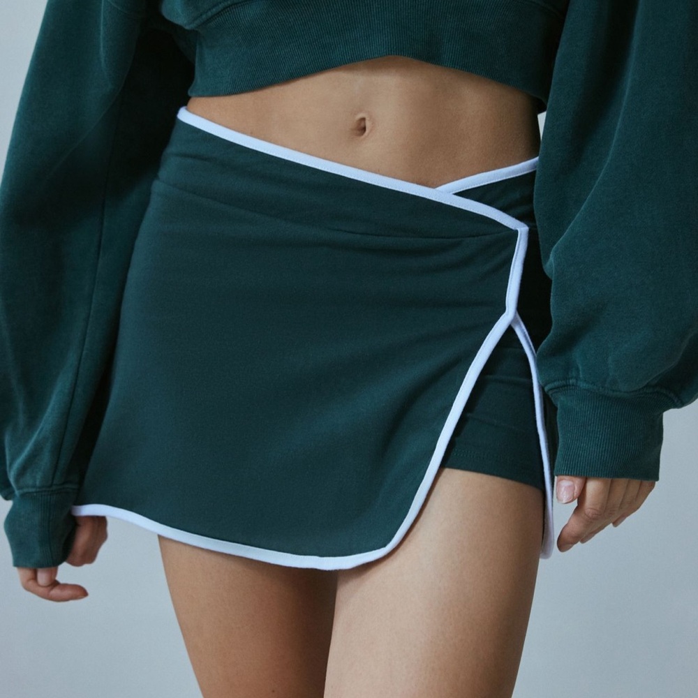 Trendy Green Wrap Skirt with White Edging